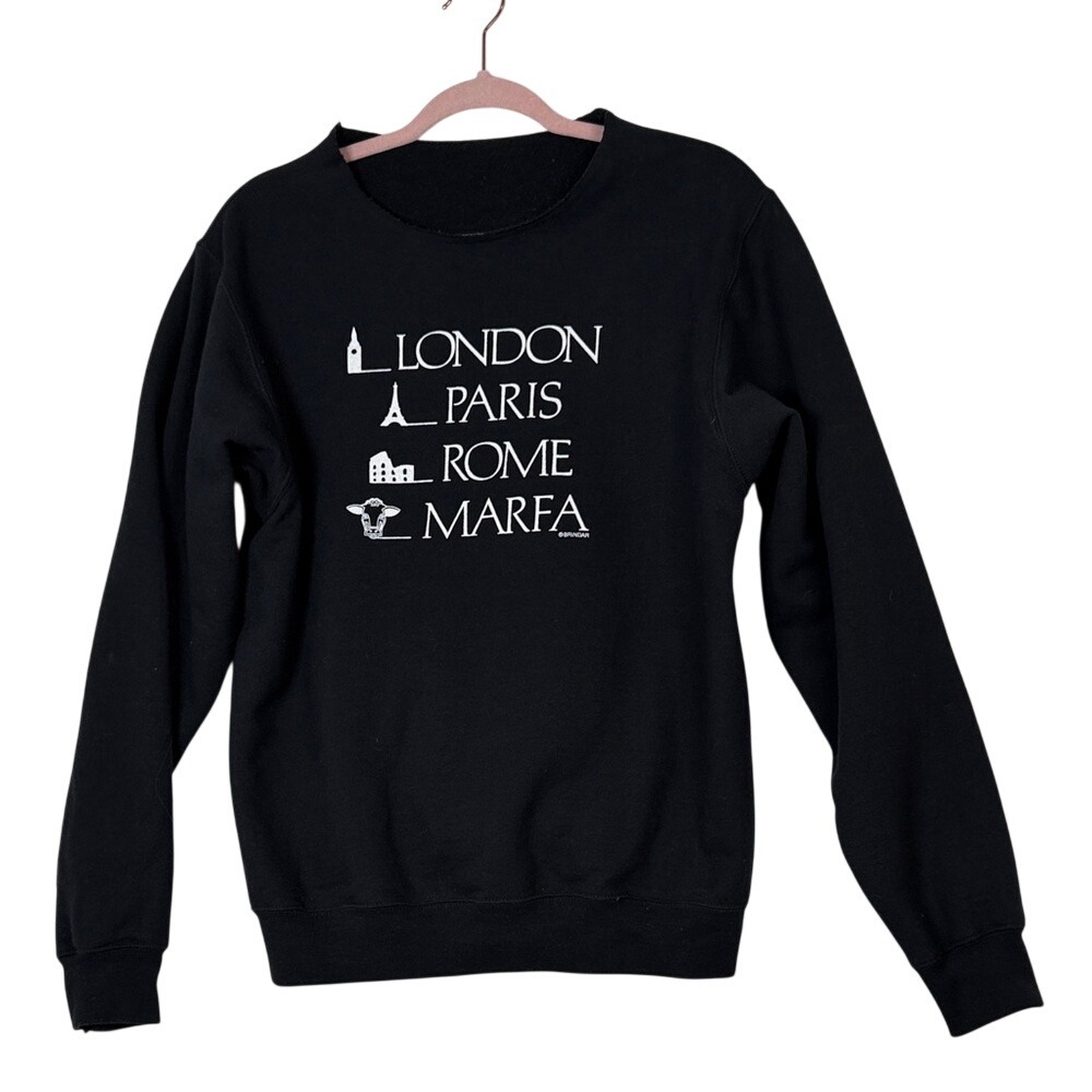 Black LONDON PARIS ROME MARFA ‎ Graphic Sweatshirt Unfinished Scoop Collar Small